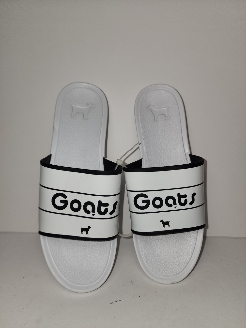 GOAT Slides Kids Size 1 White Black Logo Slide Sandals Youth. NEW